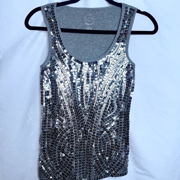 Michael Kors Womens Size Medium Silver Sequined Jersy Stretch Tank Top - Picture 1 of 6